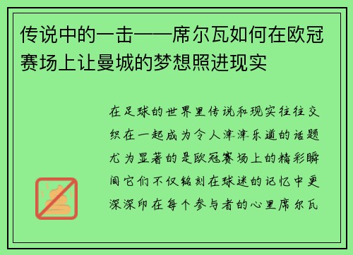 传说中的一击——席尔瓦如何在欧冠赛场上让曼城的梦想照进现实