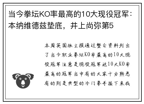当今拳坛KO率最高的10大现役冠军：本纳维德兹垫底，井上尚弥第5