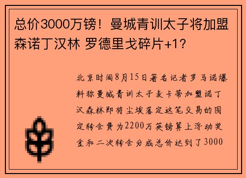 总价3000万镑！曼城青训太子将加盟森诺丁汉林 罗德里戈碎片+1？
